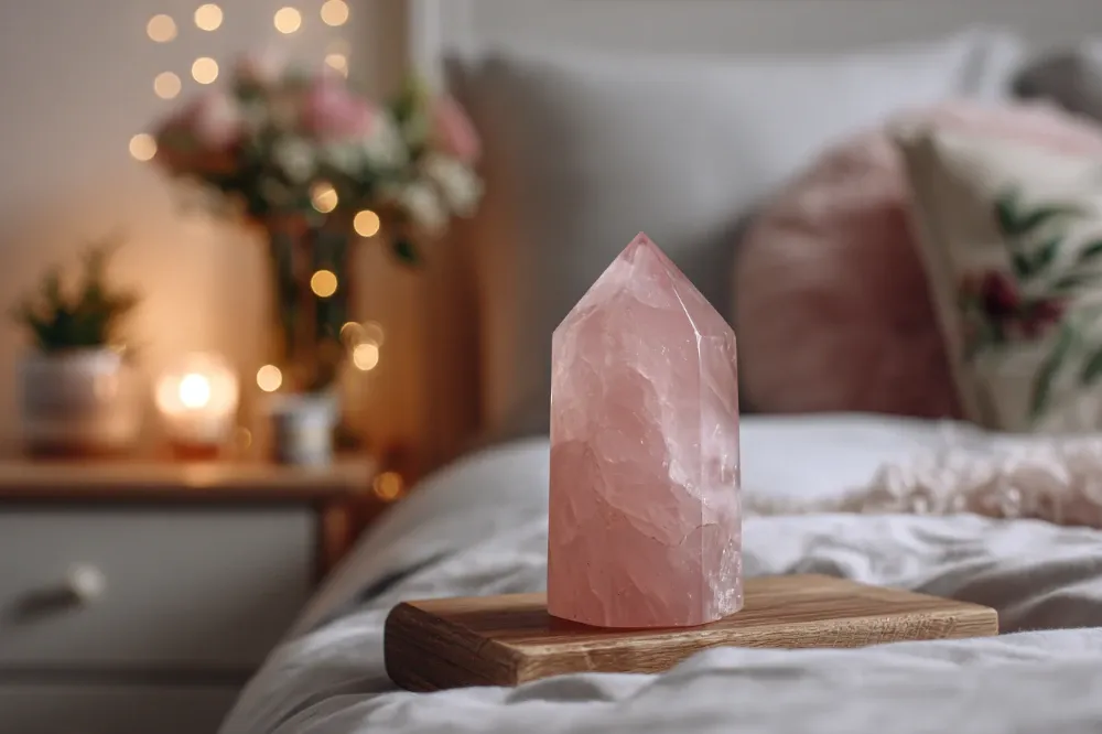 Large rose quartz tower on wooden slab on top of bed